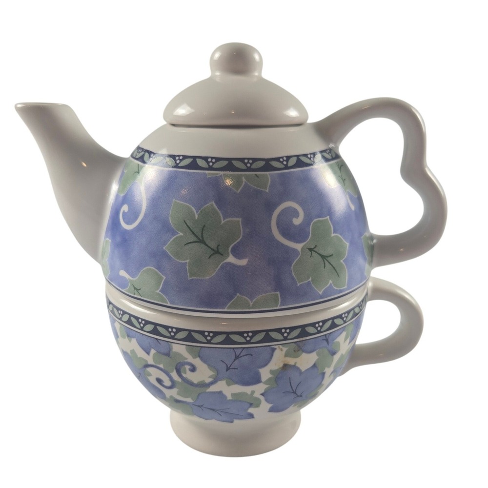 Pfaltzgraff Blue Isle Tea For One Stacking Teapot Cup Lid Blue Green Floral